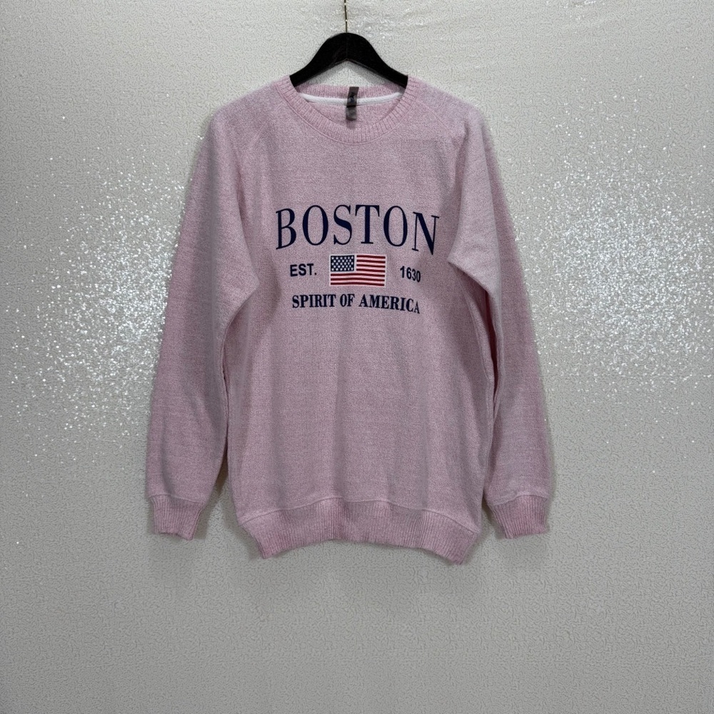 Boston Spirit of America Pink Knit Sweater Pullover USA Flag Graphic Size L - Picture 4 of 7